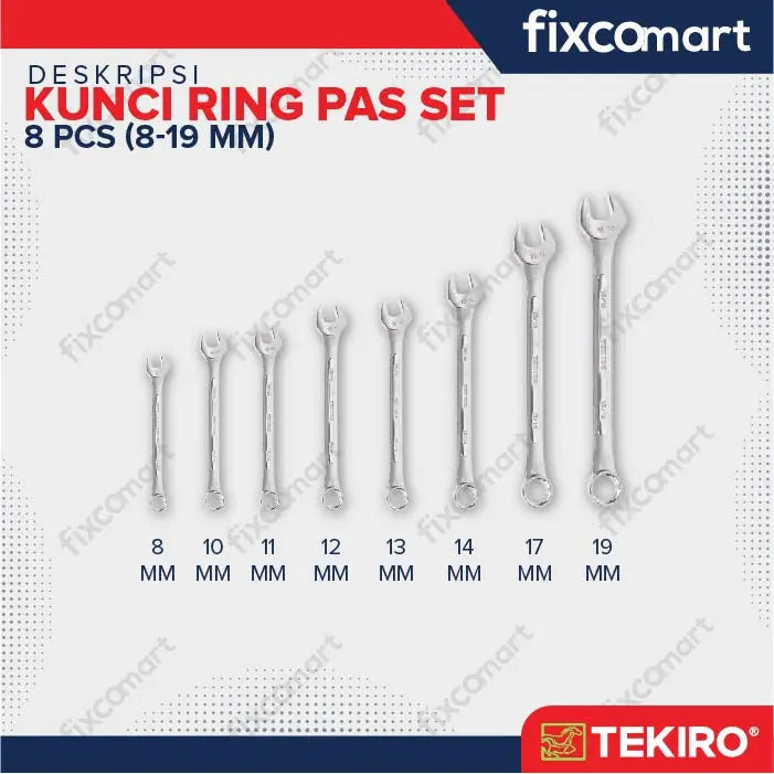 Tekiro Combination Wrench Set / Kunci Ring Pas Set 8 Pcs (8-19 Mm) FIXCOMART