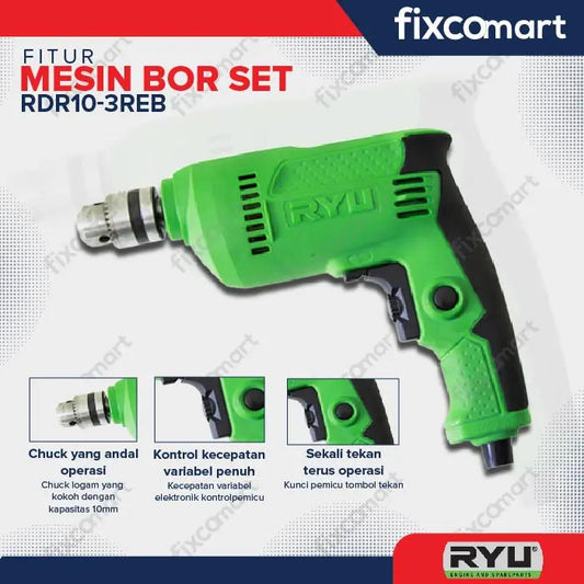 Ryu Mesin Bor Tangan Listrik 10 Mm Set Koper 22 Pcs Rdr 10 - 3 Reb FIXCOMART