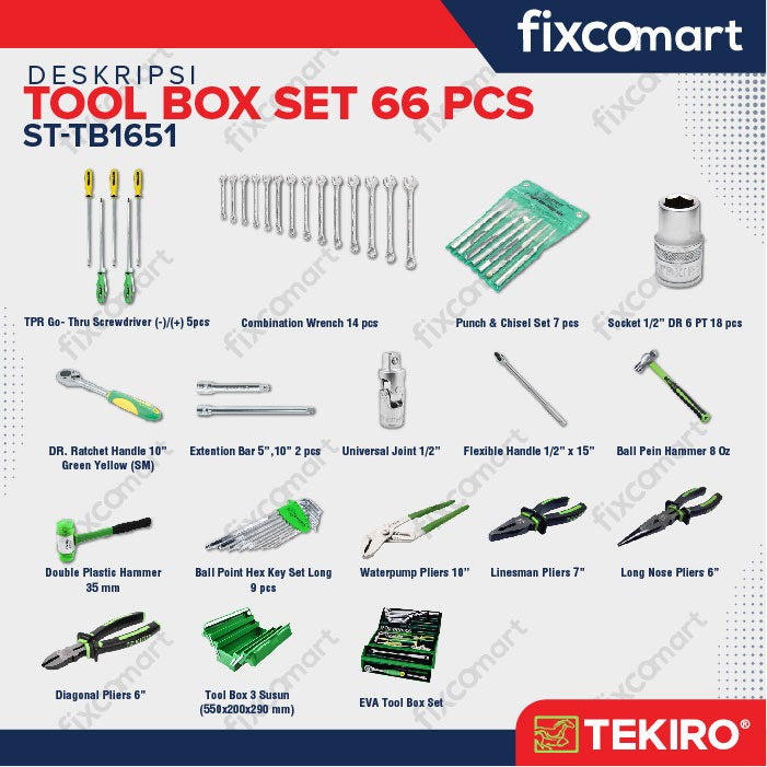 Tekiro Tool Box Set 66 Pcs / Tekiro Mechanic Tool Set 66 Pcs