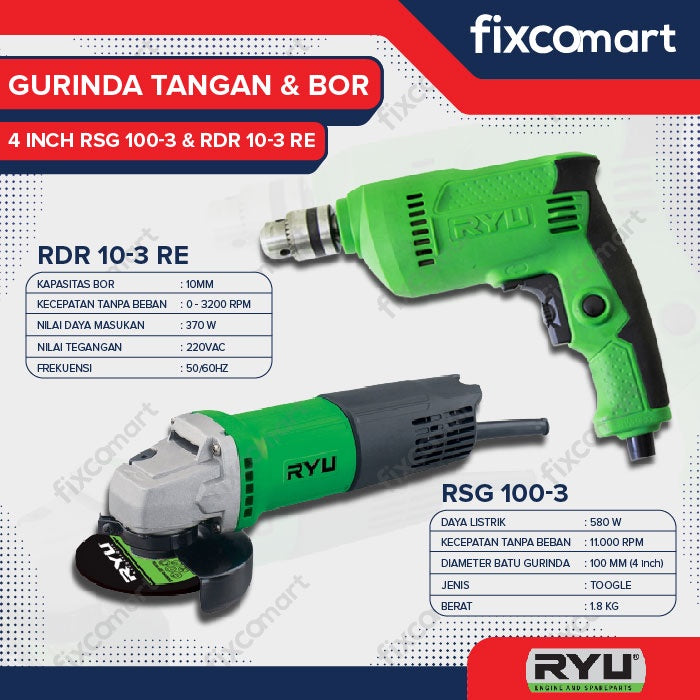 RYU Fixcomart – Ryu Paket Mesin Gerinda Rsg 100-3 & Mesin Bor Rdr 10-3 Re