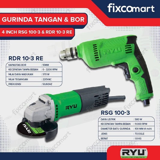 RYU Fixcomart – Ryu Paket Mesin Gerinda Rsg 100-3 & Mesin Bor Rdr 10-3 Re