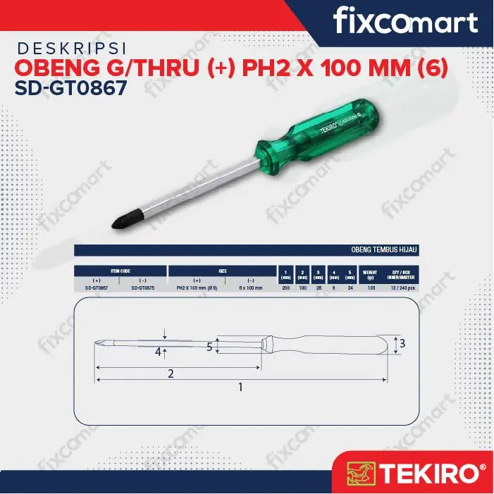 Tekiro Obeng Tembus Hijau (+) Ph2 X 100 Mm / Tekiro Obeng Go Thru FIXCOMART