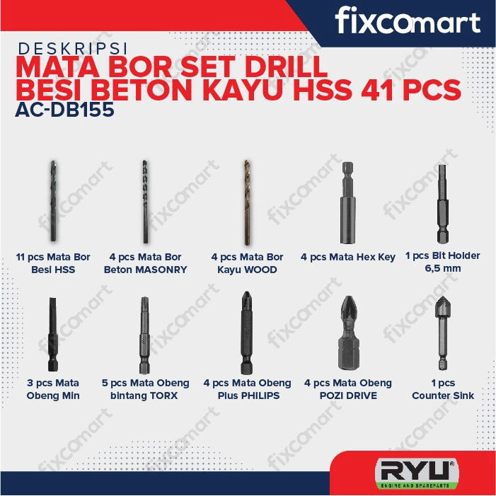Ryu Mata Bor Set Drill Besi Beton Kayu Hss 41 Pcs - Paket Mata Obeng