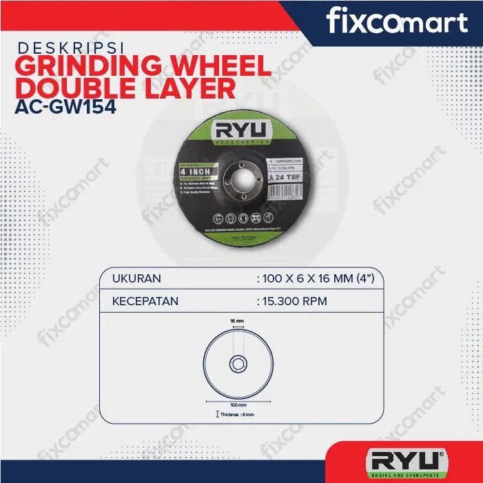 RYU Grinding Wheel 4 Inch Double Layer 100 X 6 X 16 Mm FIXCOMART