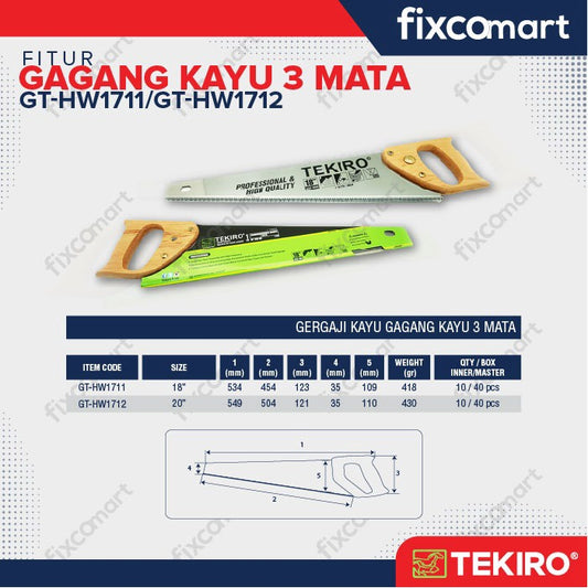 Tekiro Gergaji Kayu 3 Mata 20 Inch (Gagang Kayu) / Tekiro Gergaji Belah