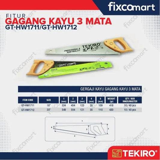 Tekiro Gergaji Kayu 3 Mata 20 Inch (Gagang Kayu) / Tekiro Gergaji Belah FIXCOMART