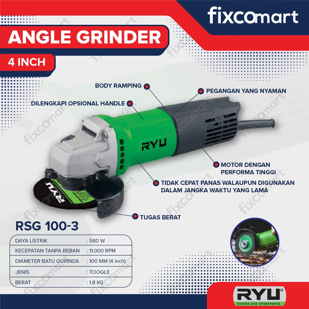 Ryu Angle Grinder Rsg 100-3 / Mesin Gerinda Tangan 4 Inch 4" / Gurinda / Grinda