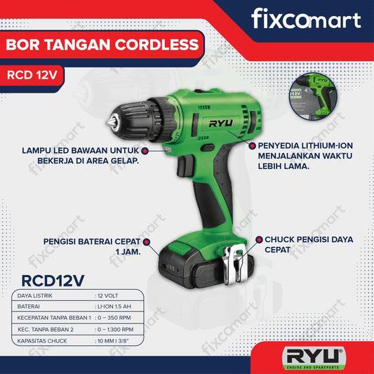 Ryu Mesin Bor Cordless Rcd 12V / Mesin Bor Batrai