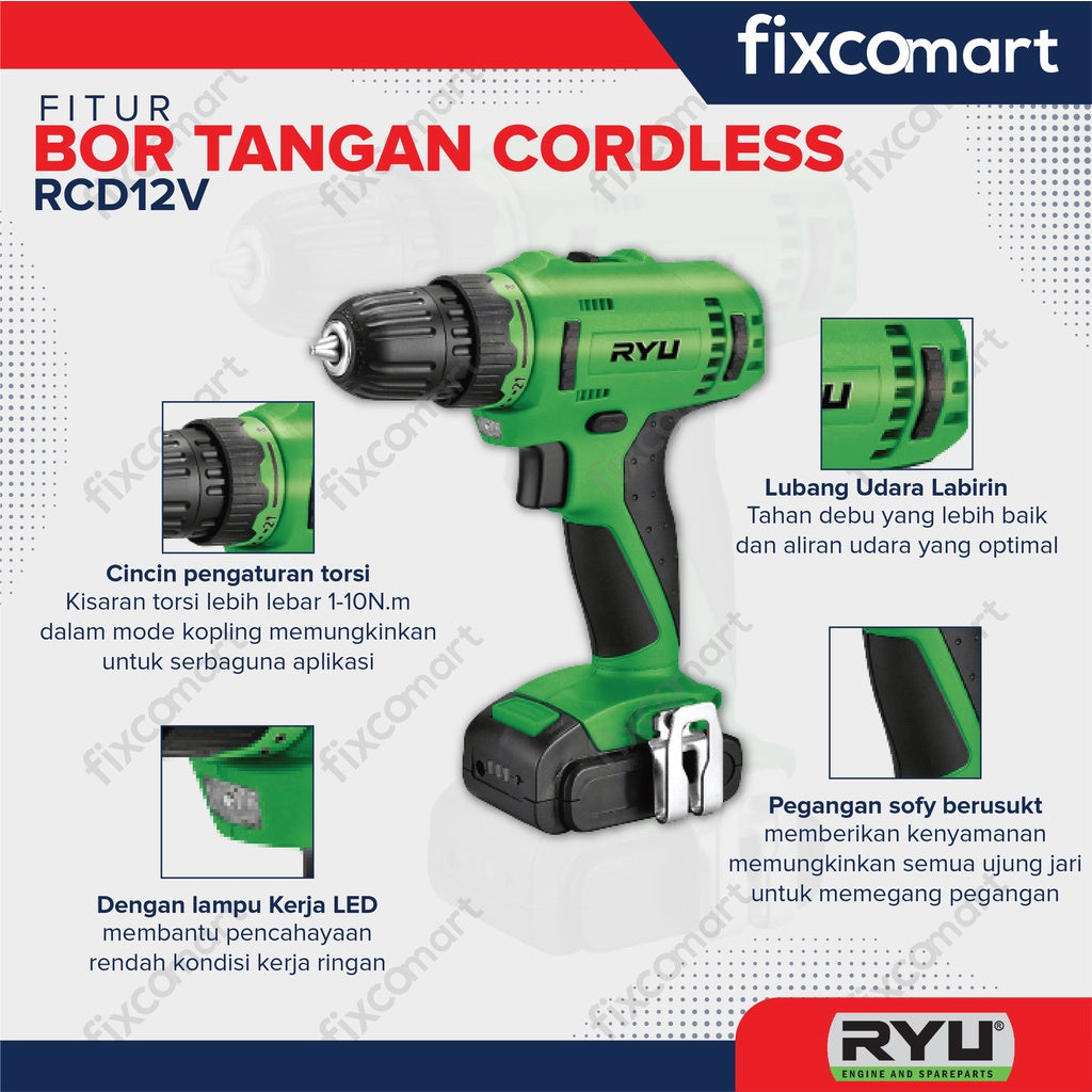 Ryu Mesin Bor Cordless Rcd 12V / Mesin Bor Batrai