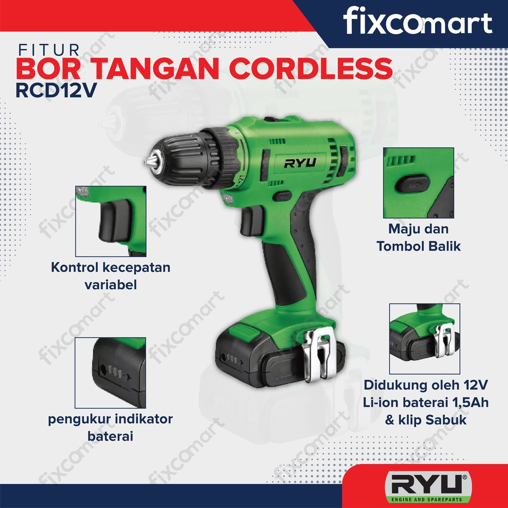 Ryu Mesin Bor Cordless Rcd 12V / Mesin Bor Batrai
