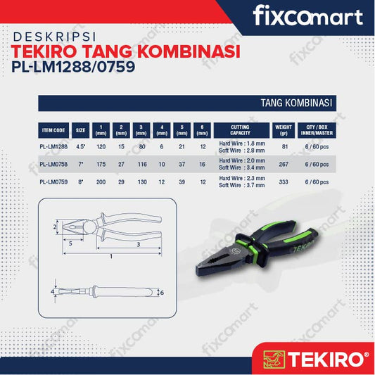 TEKIRO TANG KOMBINASI / LANCIP / POTONG LINESMAN / LONG NOSE /  DIAGONAL PLIERS 8 INCH