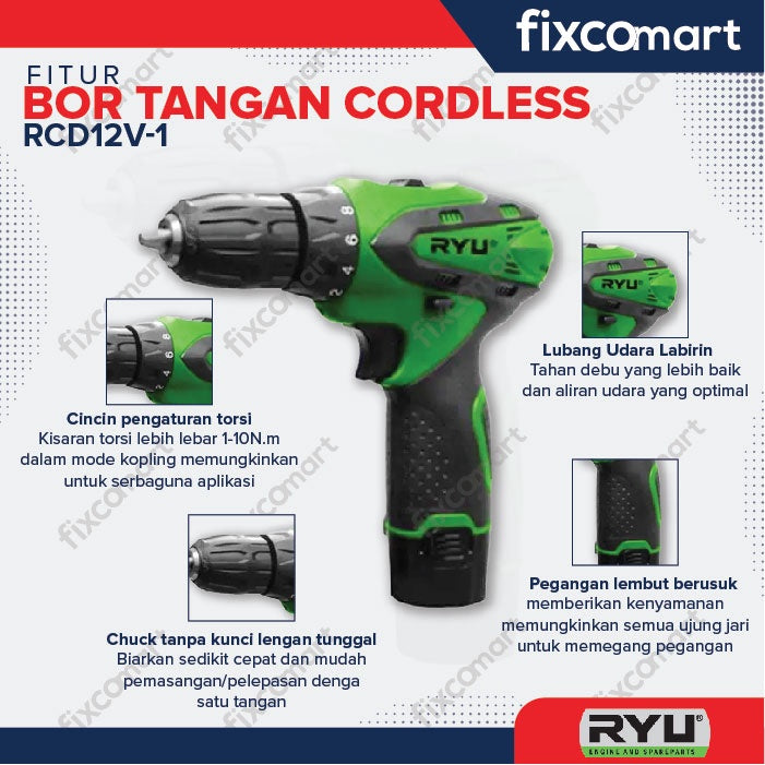 Ryu Cordless Drill / Mesin Bor Baterai Rcd 12V-1 12 Volt