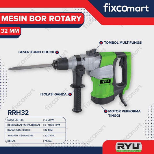 Ryu Rrh 32 / Ryu Mesin Bor Rotary 32 Mm / Mesin Bor Bobok Beton 1050 W / Rotary Hammer