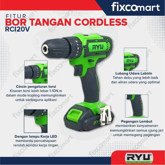 Ryu Impact Drill Cordless / Mesin Bor Tangan Battrey / Baterai Rci 20V FIXCOMART
