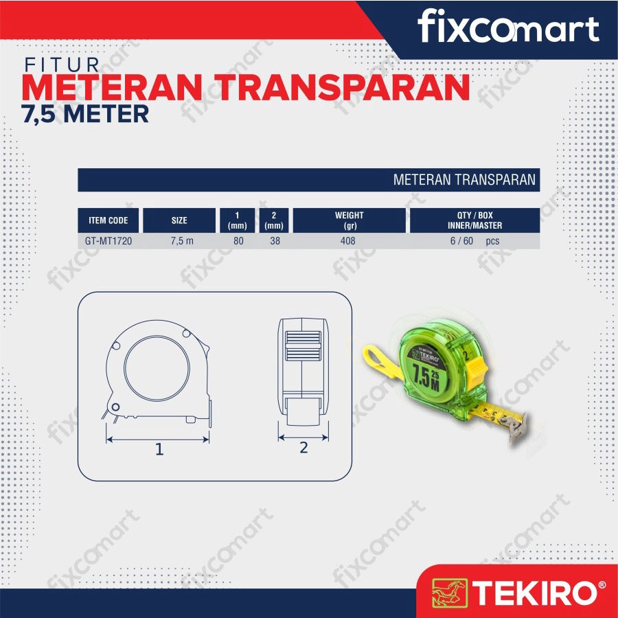 Tekiro Meteran Transparan 7.5 M / Tekiro Alat Ukur Manual