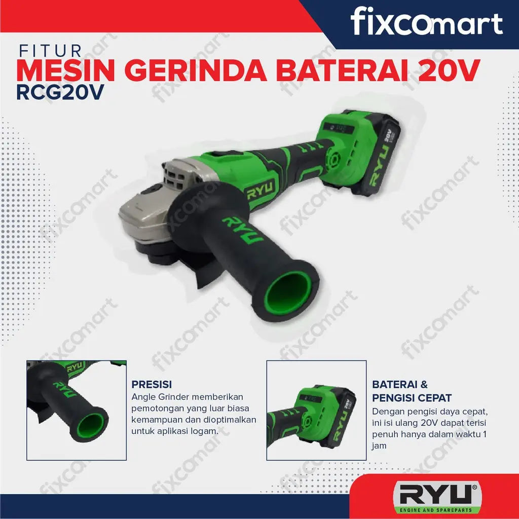 RYU Cordless Grinder / Mesin Gerinda Tangan Baterai 4 Inch RCG 20 V FIXCOMART