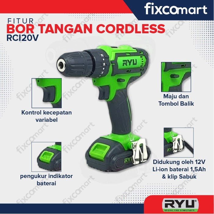Ryu Impact Drill Cordless / Mesin Bor Tangan Battrey / Baterai Rci 20V