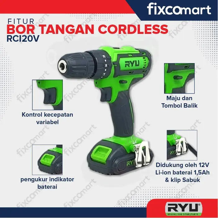 Ryu Impact Drill Cordless / Mesin Bor Tangan Battrey / Baterai Rci 20V FIXCOMART