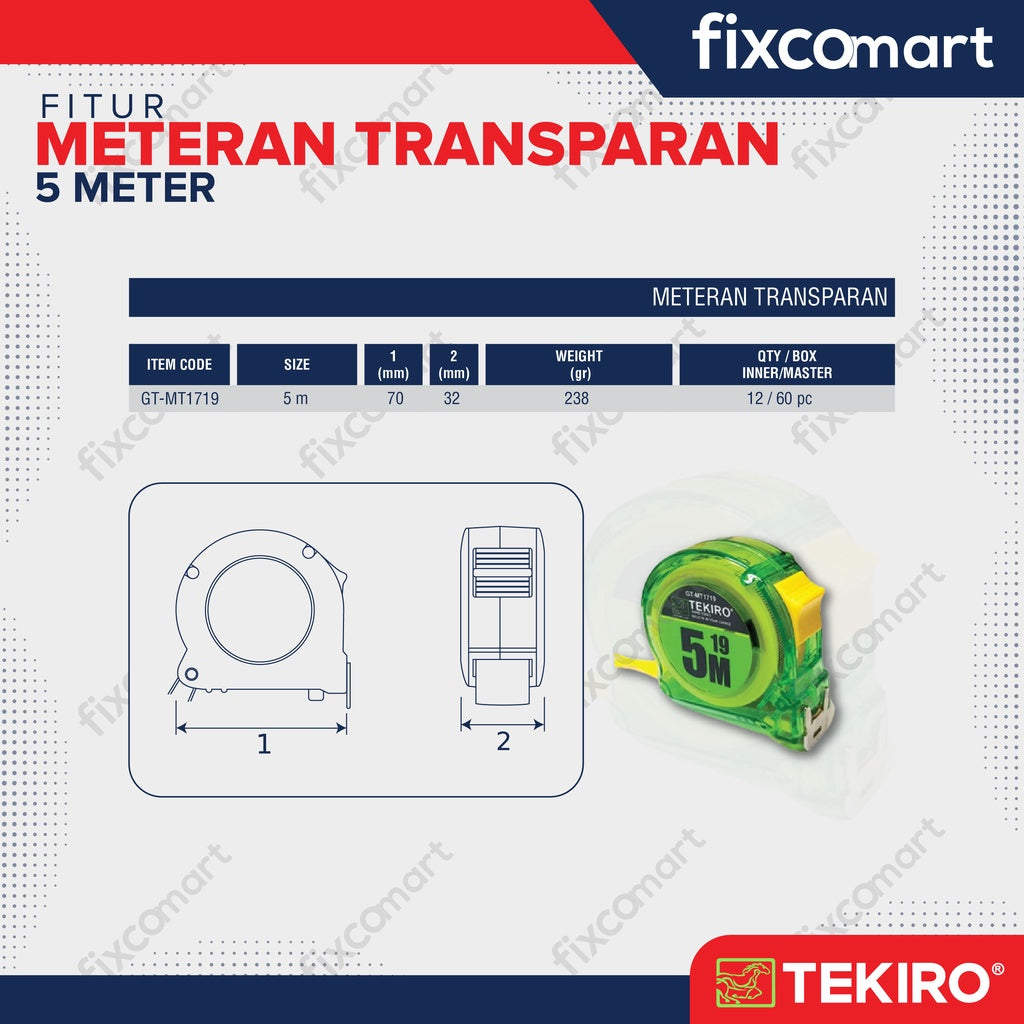 TEKIRO Meteran Transparan Ukuran 5 M / Tekiro Measurement Tape
