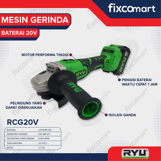 RYU Cordless Grinder / Mesin Gerinda Tangan Baterai 4 Inch RCG 20 V