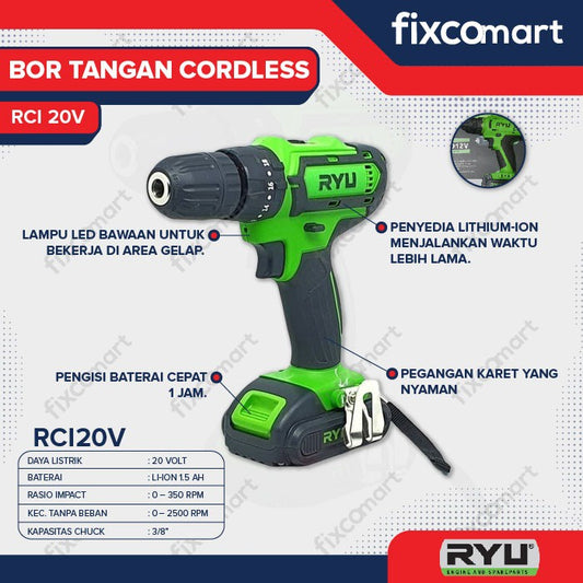 Ryu Impact Drill Cordless / Mesin Bor Tangan Battrey / Baterai Rci 20V