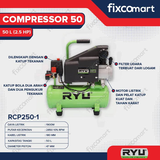 RYU Mesin Kompresor 2.5 Hp 50 Liter Rcp 250-1 Ryu / Ryu Air Compressor 2.5Hp