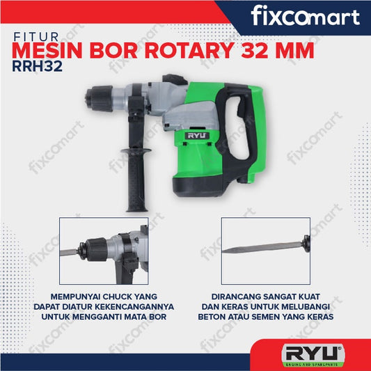 Ryu Rrh 32 / Ryu Mesin Bor Rotary 32 Mm / Mesin Bor Bobok Beton 1050 W / Rotary Hammer