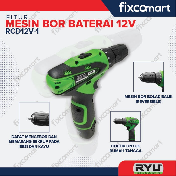 Ryu Cordless Drill / Mesin Bor Baterai Rcd 12V-1 12 Volt