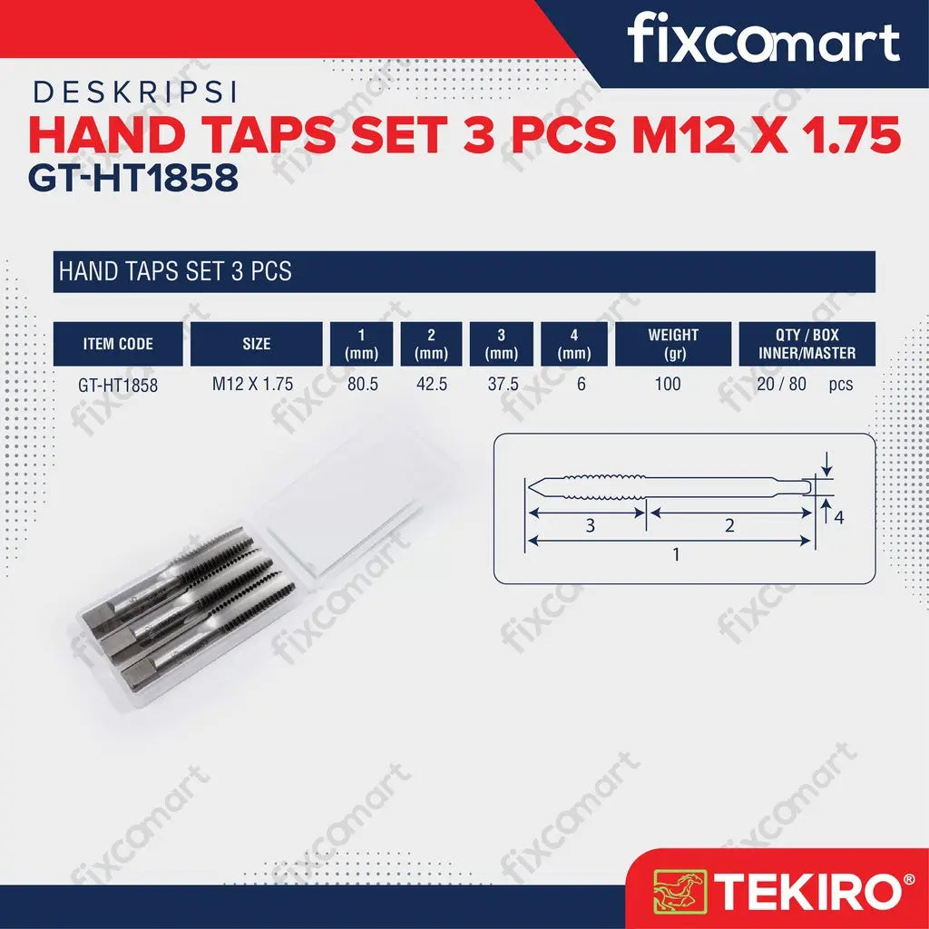 TEKIRO Hand Taps Set 3 Pcs M12 X 1.75 FIXCOMART