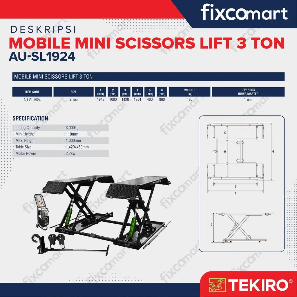 Tekiro Mobile Mini Scissors 3 Ton / Hidrolik Lift Mobil 3 Ton Heavy Duty FIXCOMART