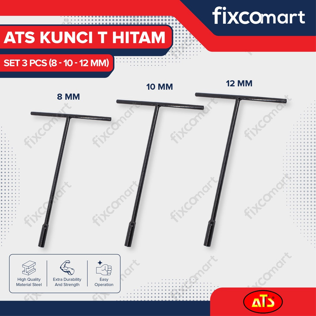 Paket Kunci T Sock Set 3 Pcs ATS 8 - 10 - 12 mm Hitam