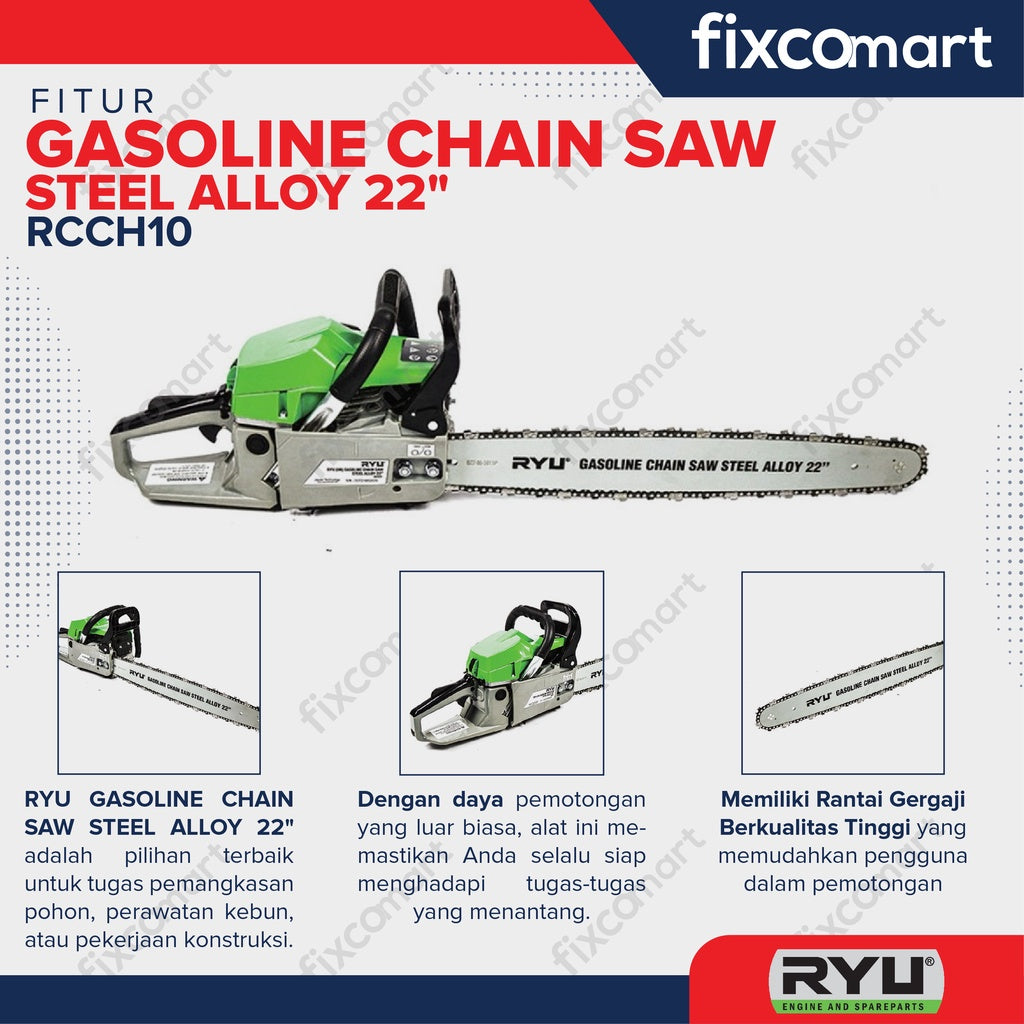 RYU Gasoline Chainsaw 22" - Gergaji Mesin 22"