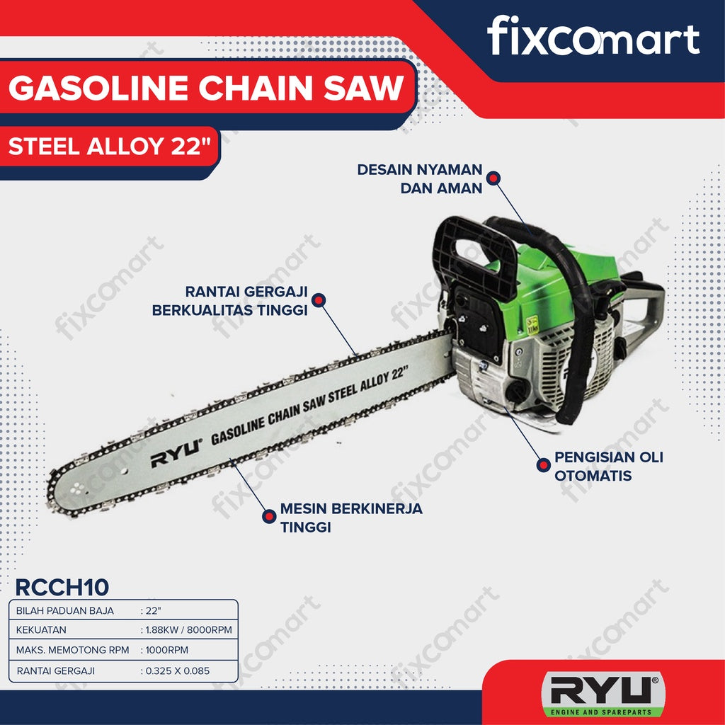 RYU Gasoline Chainsaw 22" - Gergaji Mesin 22"