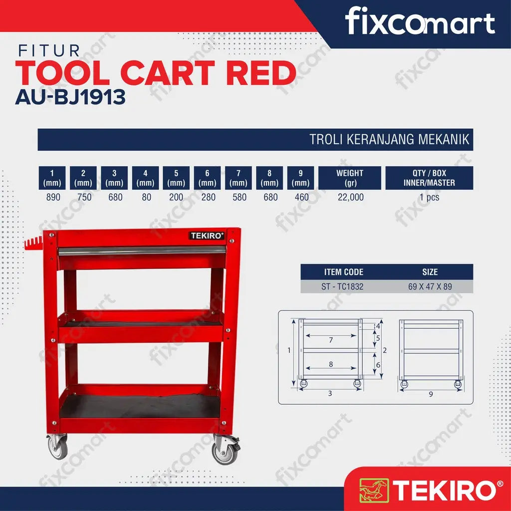 TEKIRO Red Tool Cart (Merah) FIXCOMART