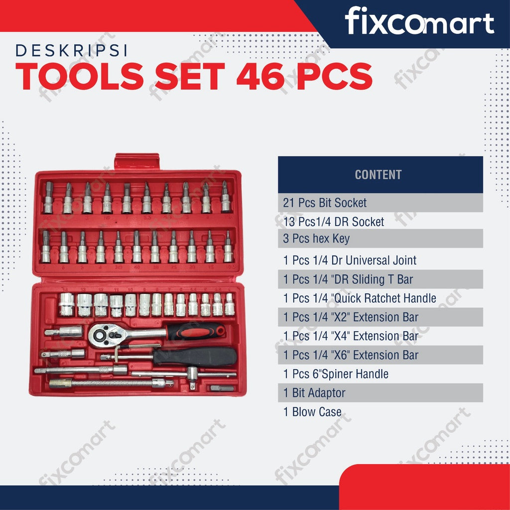 FIXCO Kunci Sok Set 46 Pcs Obeng Socket Set Wrench Tool Set 1/4