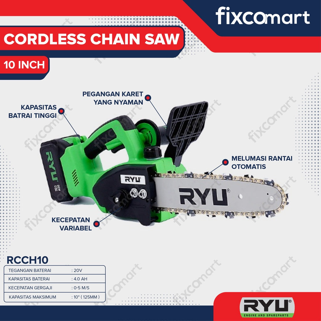 RYU Cordless Chainsaw 10" - Gergaji Mesin