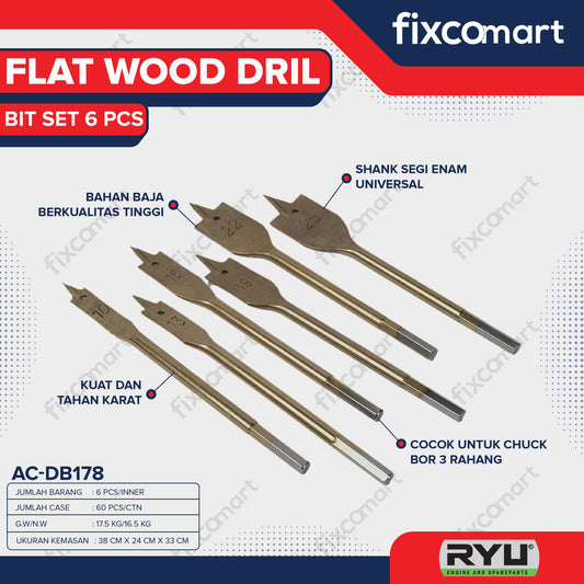 RYU FLAT WOOD DRILL BIT SET 6 PCS - MATA BOR KIPAS SET / MATA BOR