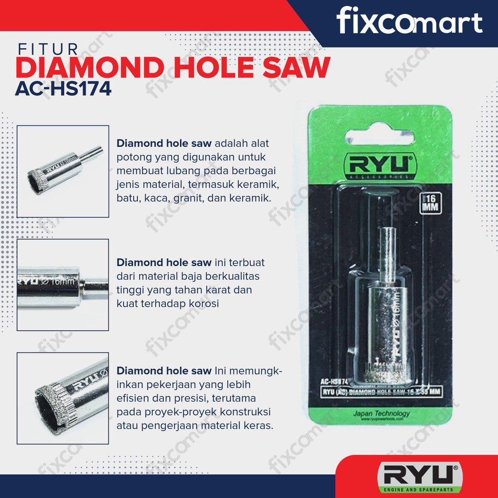 RYU DIAMOND HOLE SAW 16 X 55 MM - MATA BOR KACA - MATA BOR KERAMIK