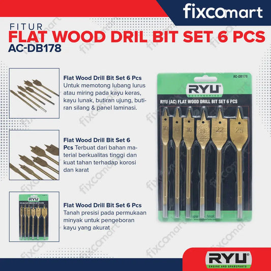 RYU FLAT WOOD DRILL BIT SET 6 PCS - MATA BOR KIPAS SET / MATA BOR FIXCOMART