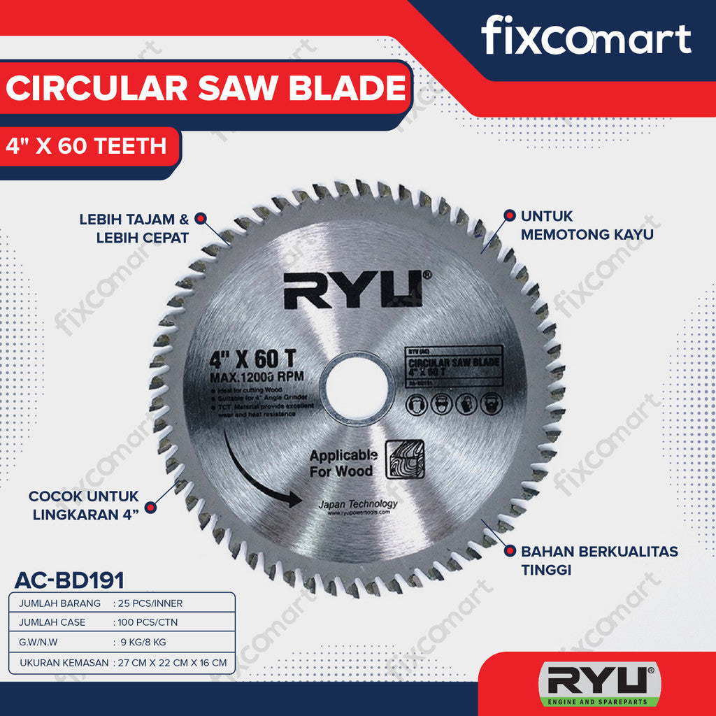 RYU CIRCULAR SAW BLADE 4" X 60 T - Mata pisau Potong Kayu AC-BD191