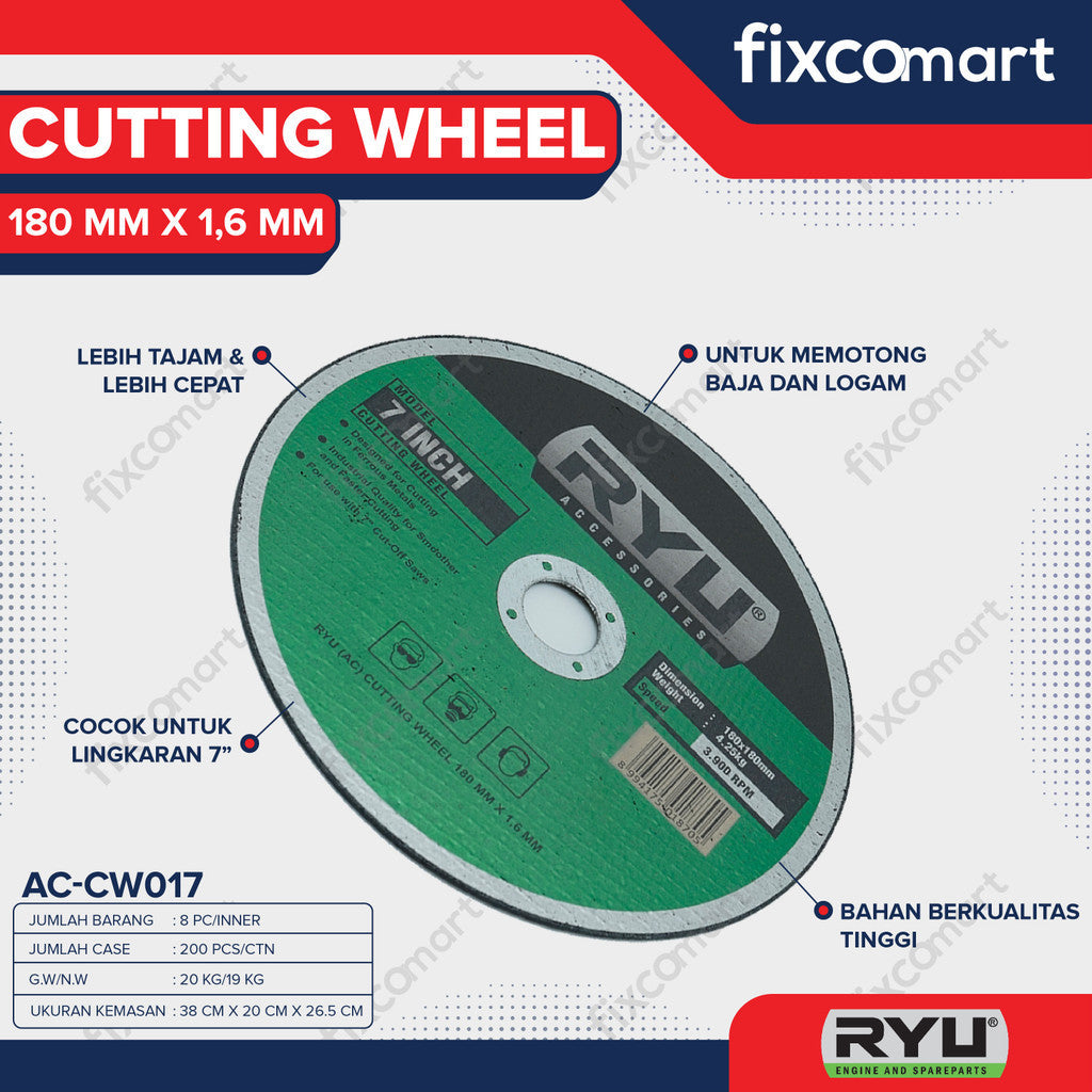 RYU CUTTING WHEEL 180 MM X 1,6 MM - Mata Batu Potong Besi