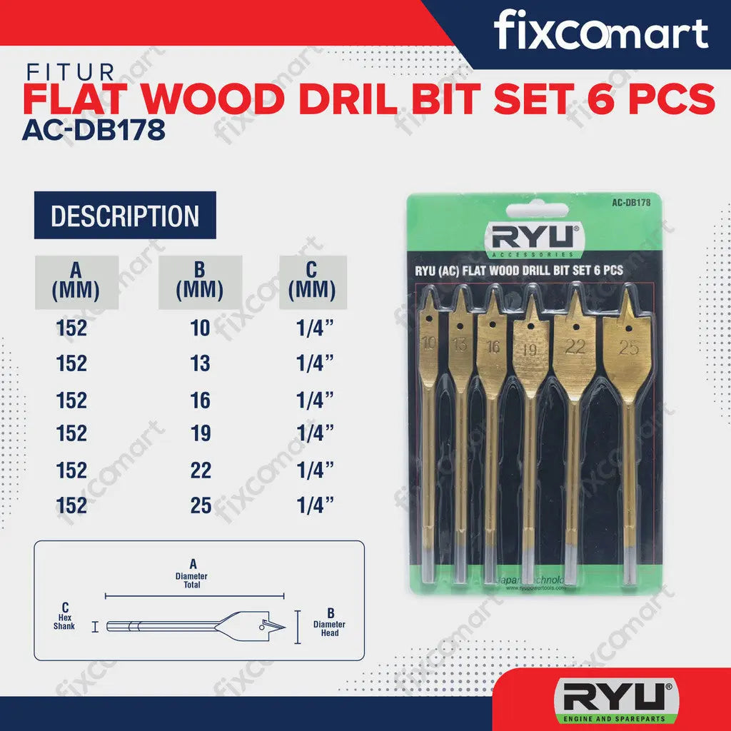 RYU FLAT WOOD DRILL BIT SET 6 PCS - MATA BOR KIPAS SET / MATA BOR FIXCOMART