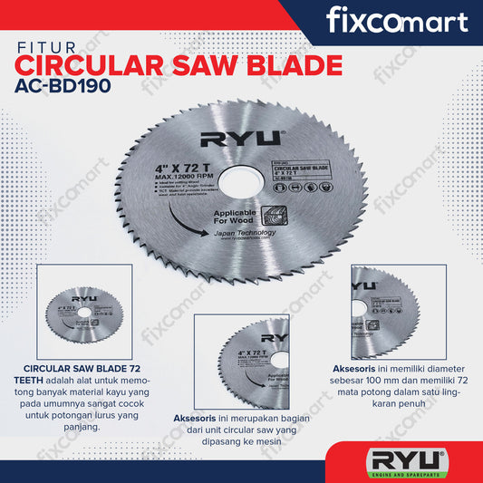 RYU CIRCULAR SAW BLADE 4 X 72 T - Mata pisau Potong Kayu