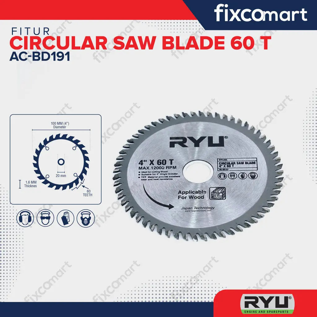 RYU CIRCULAR SAW BLADE 4" X 60 T - Mata pisau Potong Kayu AC-BD191 FIXCOMART
