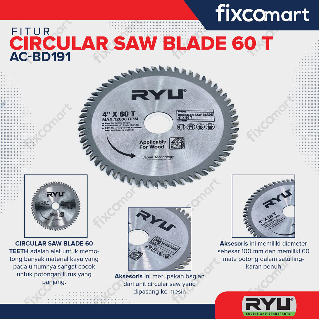 RYU CIRCULAR SAW BLADE 4" X 60 T - Mata pisau Potong Kayu AC-BD191