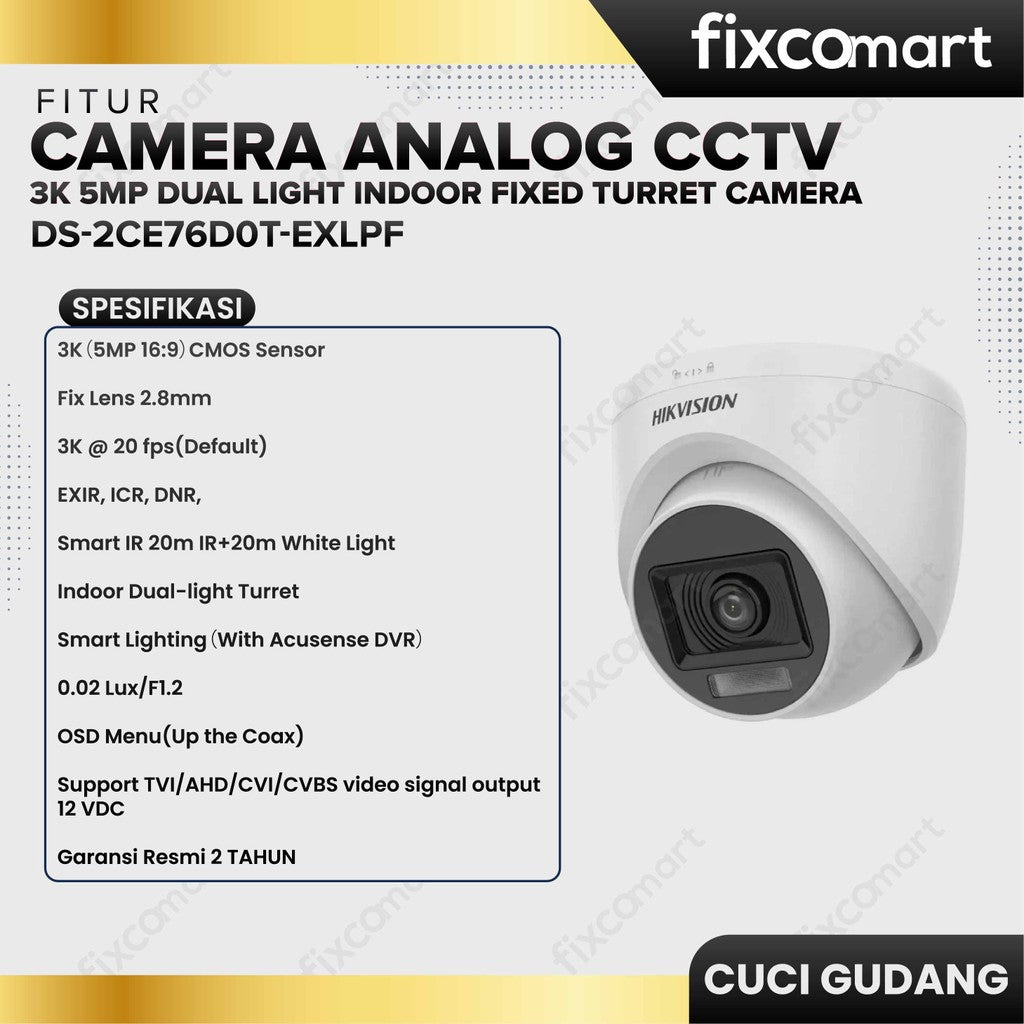 Kamera Pengawas CCTV HIKVISION - 3K 5MP Dual Light Indoor Fixed Turret Camera Analog Kamera Keamanan