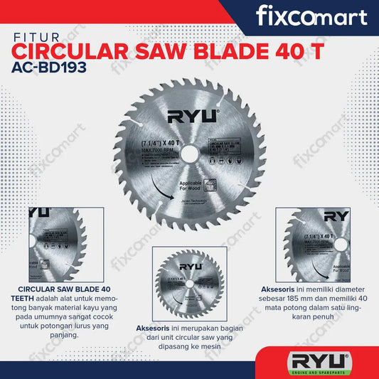 RYU CIRCULAR SAW BLADE 185 MM X 1.6 MM X 40 T (7 1/4" INCH) FIXCOMART