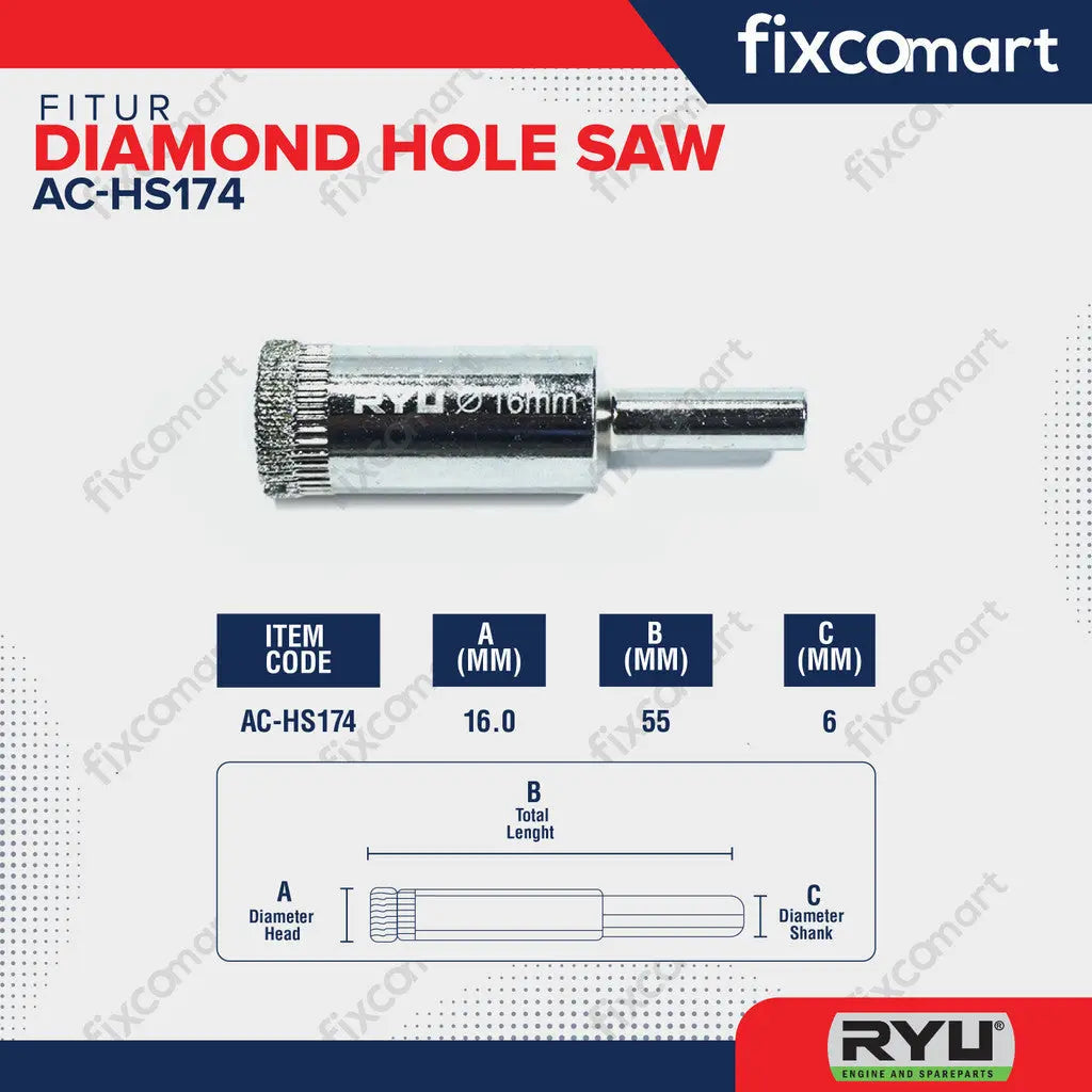 RYU DIAMOND HOLE SAW 16 X 55 MM - MATA BOR KACA - MATA BOR KERAMIK FIXCOMART