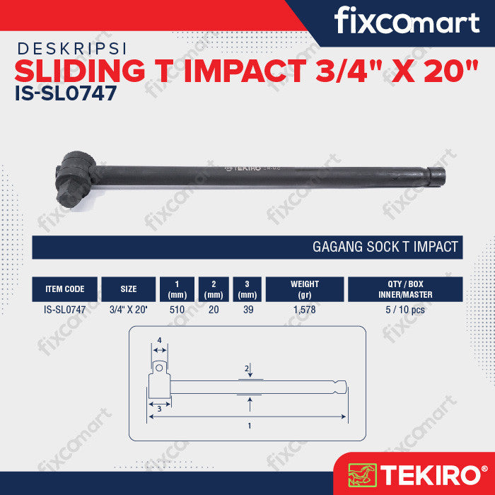 TEKIRO 3/4 INCH SLIDING BAR IMPACT 20 INCH / SLIDING T IMPACT