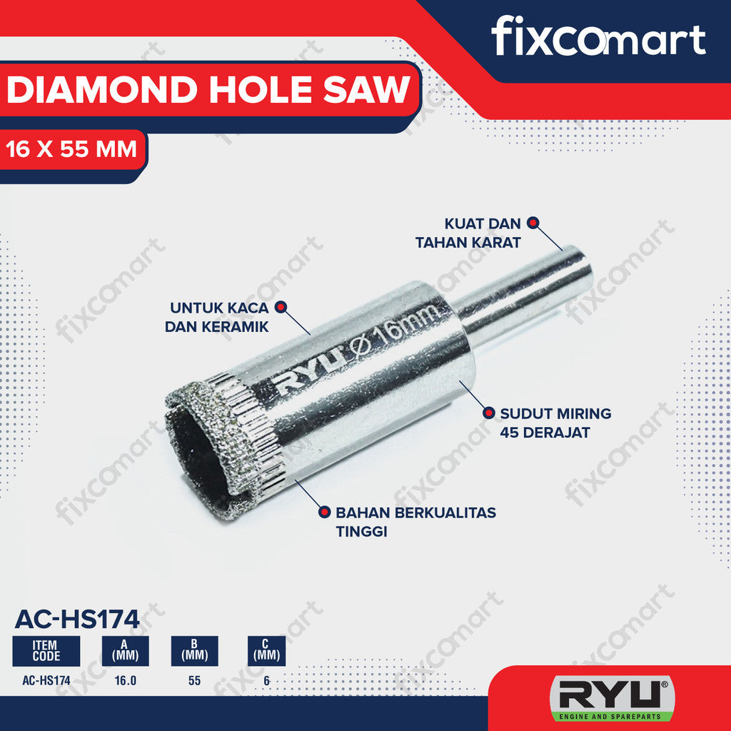 RYU DIAMOND HOLE SAW 16 X 55 MM - MATA BOR KACA - MATA BOR KERAMIK